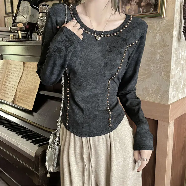 Sense Of Design Short T-Shirt Nail Bead Women High Street Spicy Girls Slim Fashion Long Sleeve All-Match Spring Chic Style New