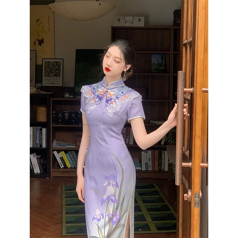 

New Chinese Style National Style Cheongsam Embroidery Cloud Shoulder Improved Retro Daily Women's high-end Grace Advanced Qipao