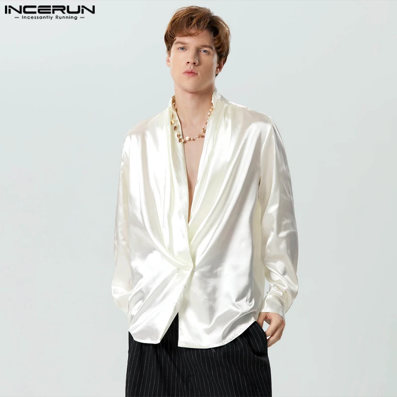 

INCERUN Tops 2024 American Style Fashion Men Swing Collar Satin Blazer Casual Solid All-match Male Long Sleeved Suit Coats S-5XL