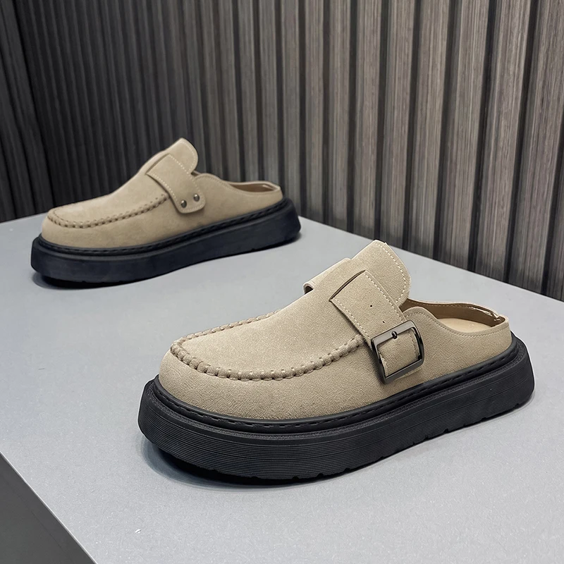 Men Slip On Mules Spring Autumn Moc Toe Design Matte Finish Metal Buckle Detail Chunky Flat Sole Backless Loafers