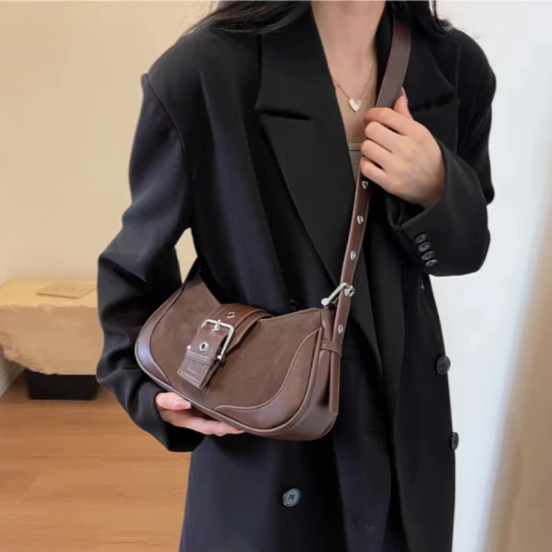 Women\'s Solid Color Vintage Handbag Half-Moon Leather Shoulder Crossbody Bag Latest Fashion Luxury Designer Ladies Underarm Bags