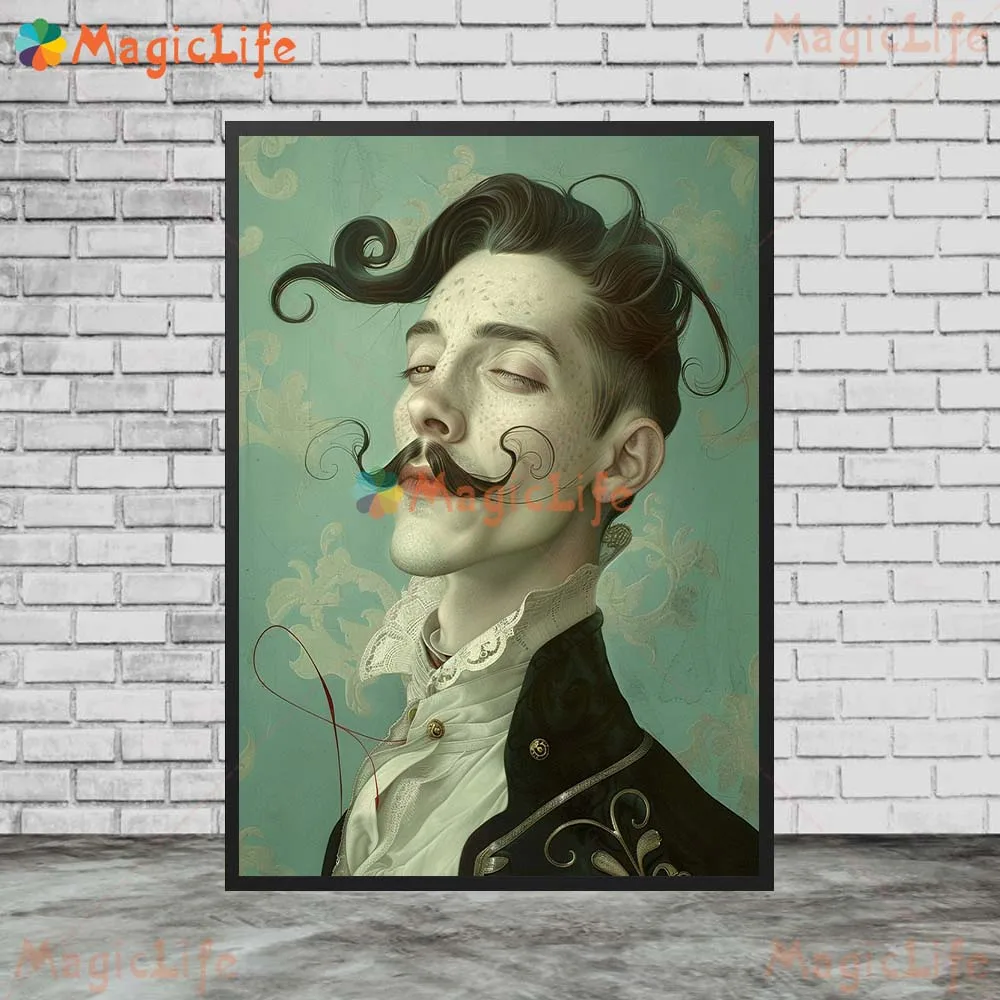 Vintage Whimsical Surreal Man Portraits with Mustache Wall Pictures For Living Room Poster Wall Art Canvas Painting Unframed