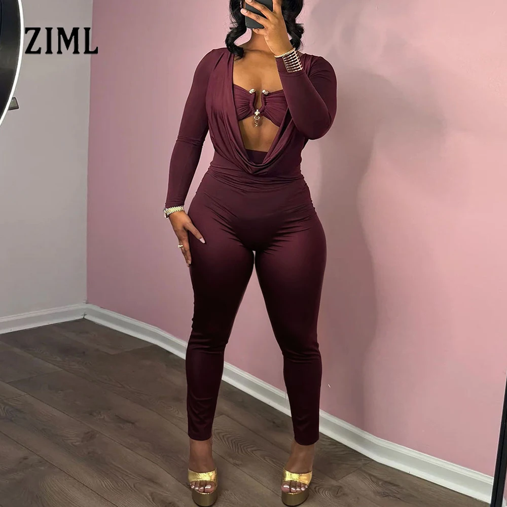 

ZIML Solid Slim Fit Temperament Jumpsuits For Women Square Collar Long Sleeve High High Waist Pants Casual Jumpsuit Female New