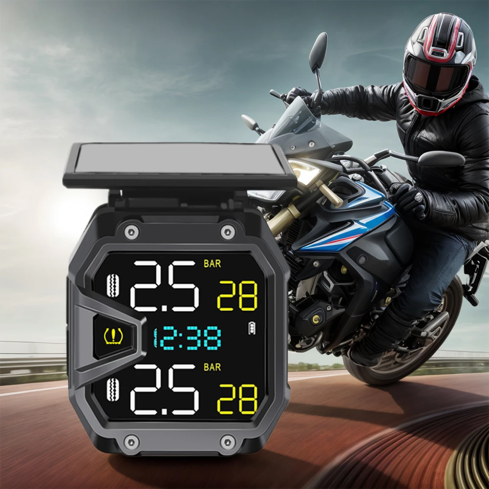 Motorcycle TPMS Real-Time Bike Air Pressure Monitor QC3.0 Rapid Charging Solar Power Tire Pressure Monitor for Emergencies Tool