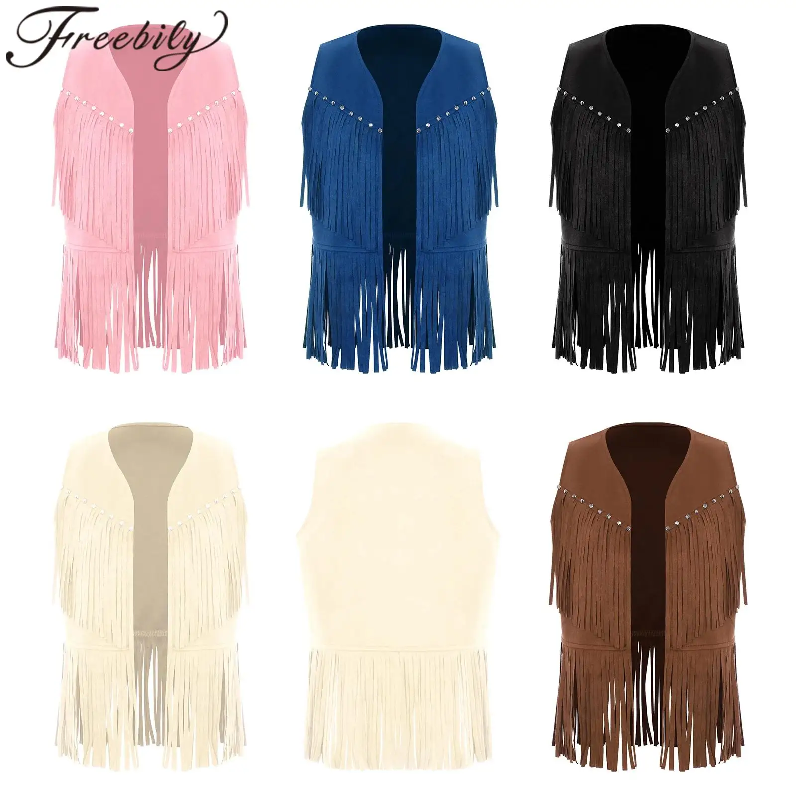 

Kids Halloween Costumes Girl Boy Western Cowboy Vest with Fringed Hem for Carnival Theme Party Open Waistcoat Childs Tassels Top