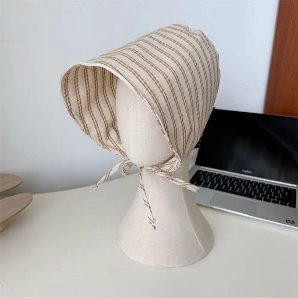 French Style Large Brim Sun Protection Hat UV Resistant Foldable Bucket Hat Breathable with String Striped Fisherman Hat Outdoor