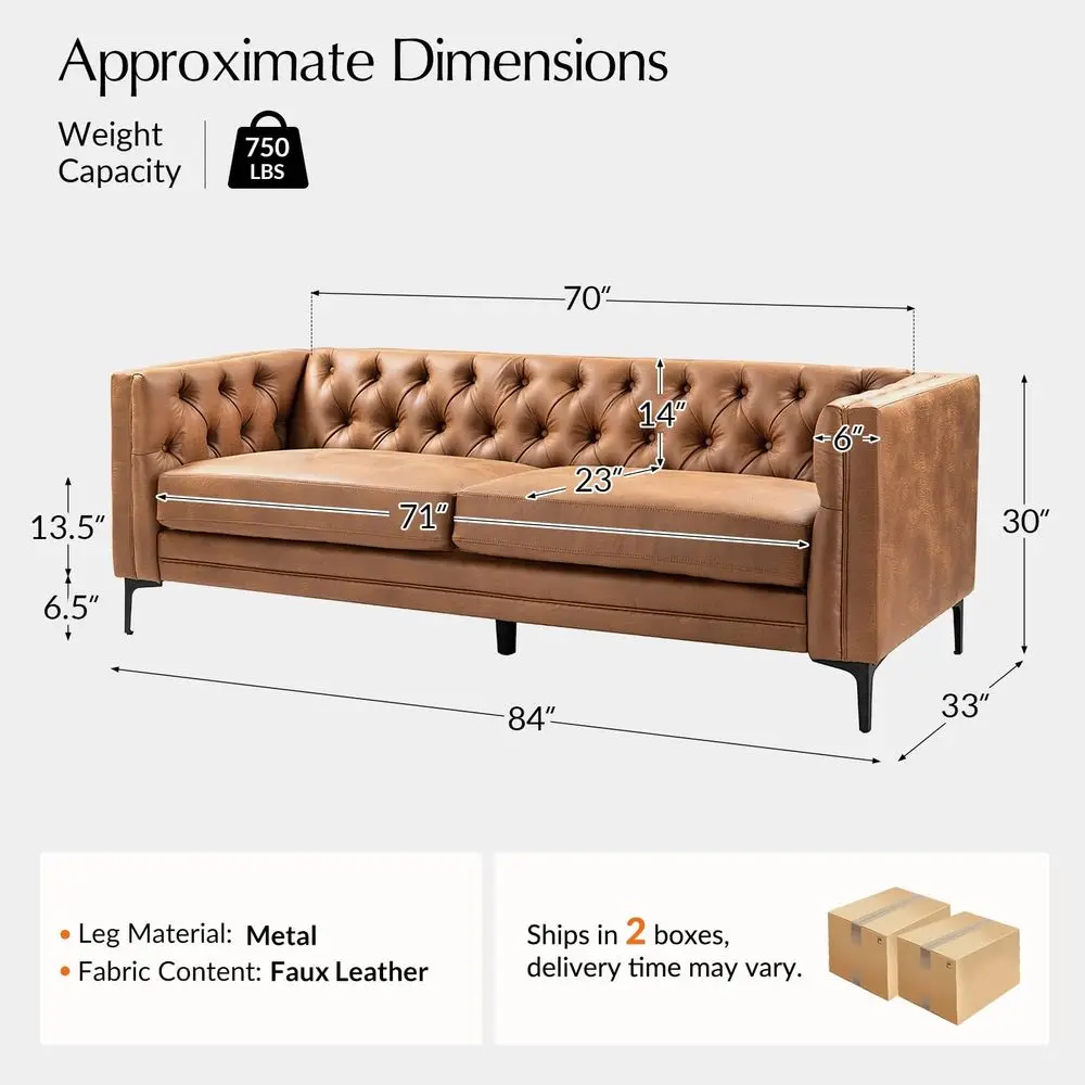 

84 W Faux Leather Sofa Couch with Metal Legs, ButtonTufted 3Seater Sofa, Mid Century Modern holstered Couch for Living Room,