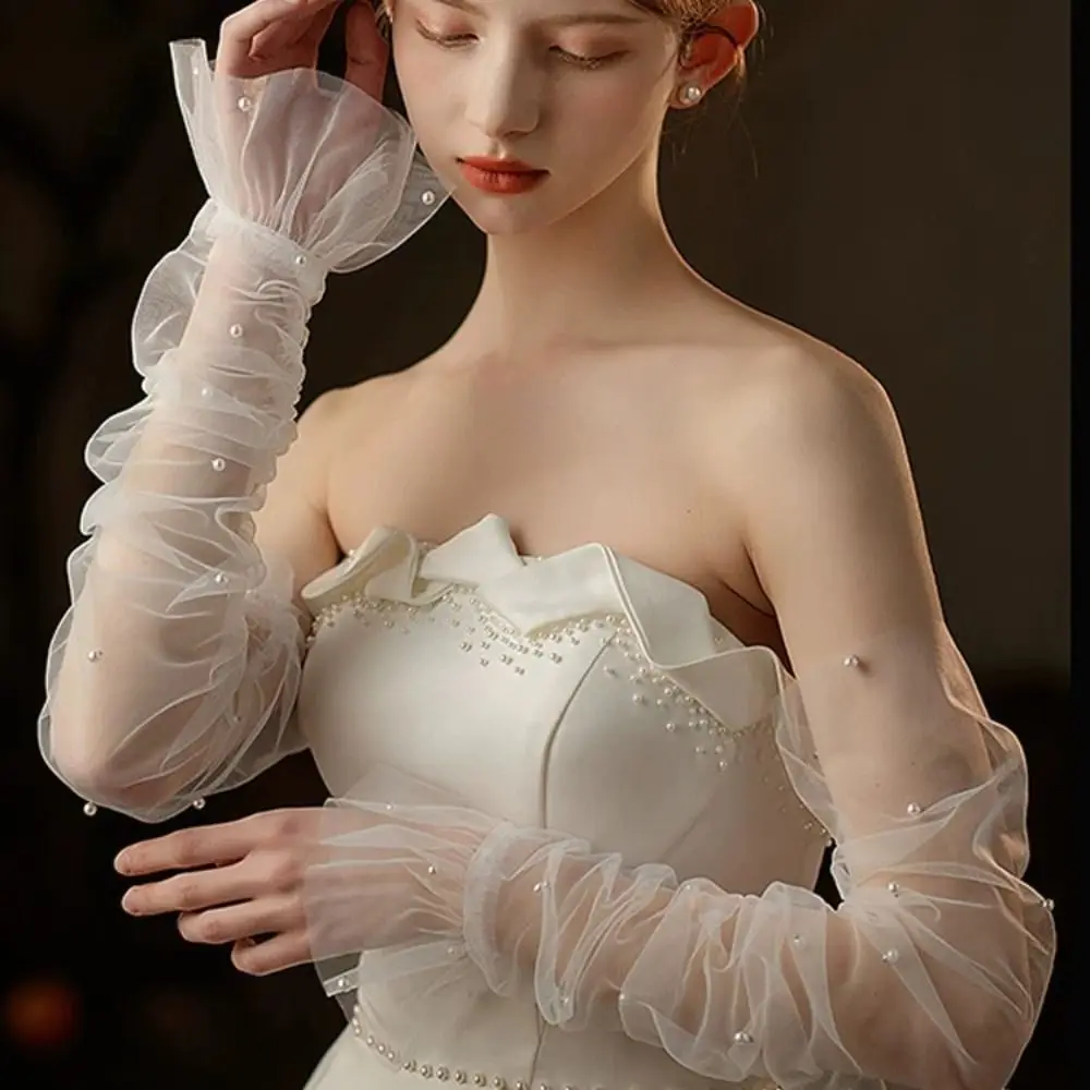 

Lace Bridal Long White Gloves White Versatile Fake Sleeves Cuffs Costume Accessory Ruffled Tulle Pearls Arm Cuffs