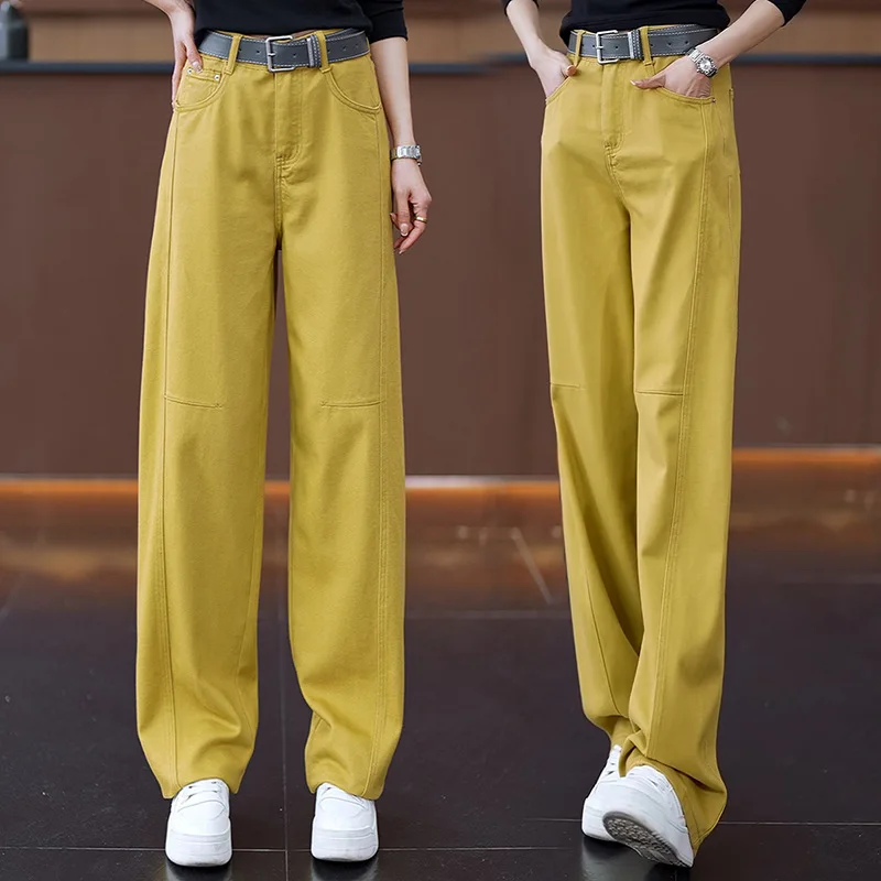

Yellow Simple Wide-Leg Denim Scimitar Pants Spring and Autumn Hot-Selling Women's Pants High-Waisted Loose Casual Straight-Leg P