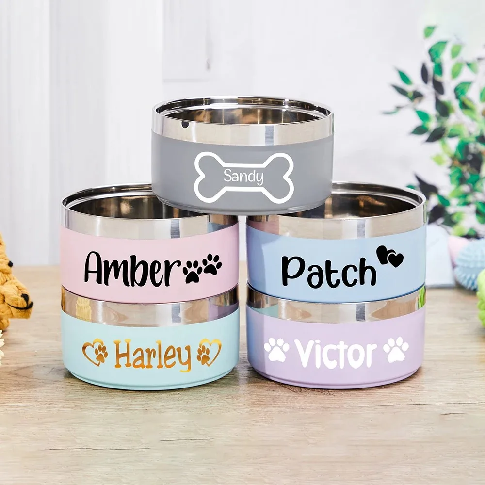 Cuencos de agua personalizados para comida de perros, cuenco personalizado para gatos con nombre, accesorios de acero inoxidable de colores para mascotas, etiquetas de calcomanías para regalo para mascotas