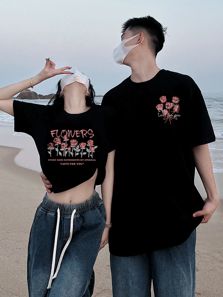 2024 Romantic Rose Flower Print Matching Couple Clothes For Him and Her Korean Style Cotton Men T-shirt And Women Sexy Crop Top