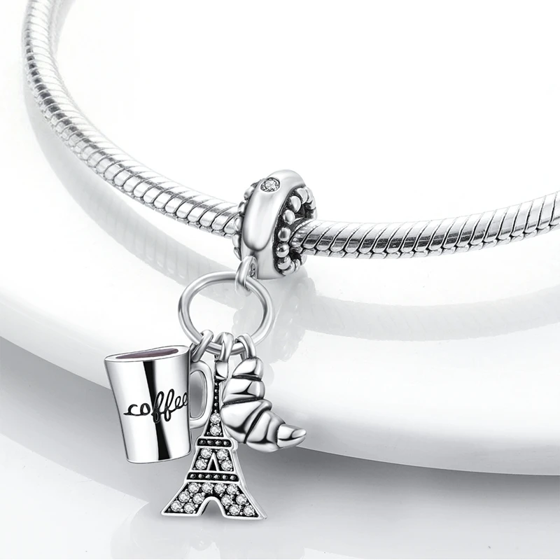 925 Sterling Silver Charms Coffee Cup Eiffel Tower Pendant Bead Fit Original Bracelet Women DIY Jewelry Making