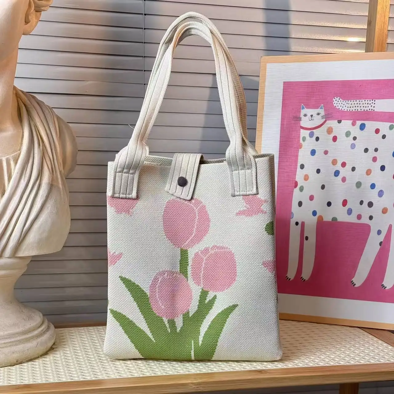 Pink Tulip Knitted Shoulder Bag, High-Quality Eco-Friendly Floral Pattern Gift Bag, Multifunctional Large-Capacity Tote Bag, Suitable for Gifting to Family, Friends, Classmates, Holiday Shopping, Fashionable Handbag, Daily Casual Outing, Carrying Essentials, Women's Bag