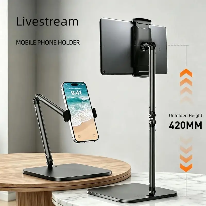 Portable Desktop Tablet Stand with Flat-Storing Arm, Weighted Base, Angle-Positioning Holder for Desk Viewing, Study F19E