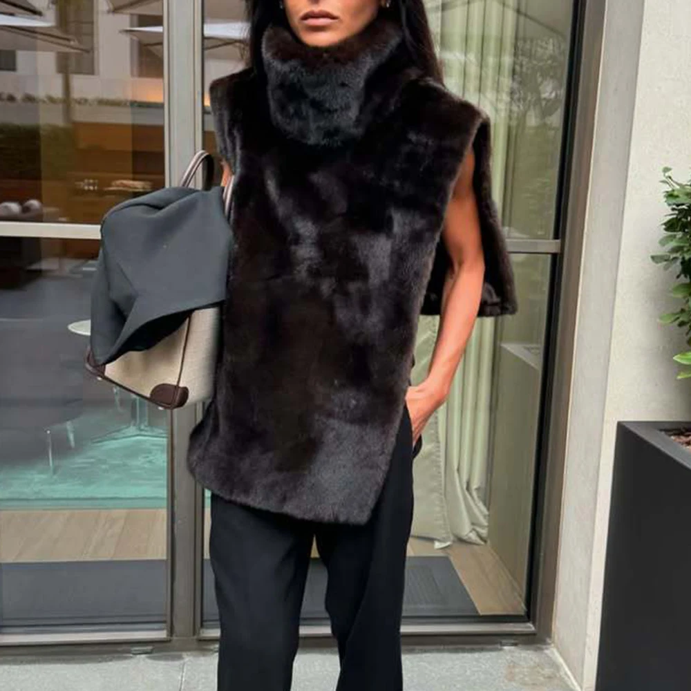 Kamizelka futrzana z wysokim kołnierzem w jednolitym kolorze, damska, wygodna, ciepła odzież wierzchnia, moda w stylu europejsko-amerykańskim.