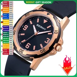 BERNY Watches for Men Luminous Casual Sport Quartz Men's Watch Waterproof Wristwatch Soft silicone Strap Brass Case Easy Read