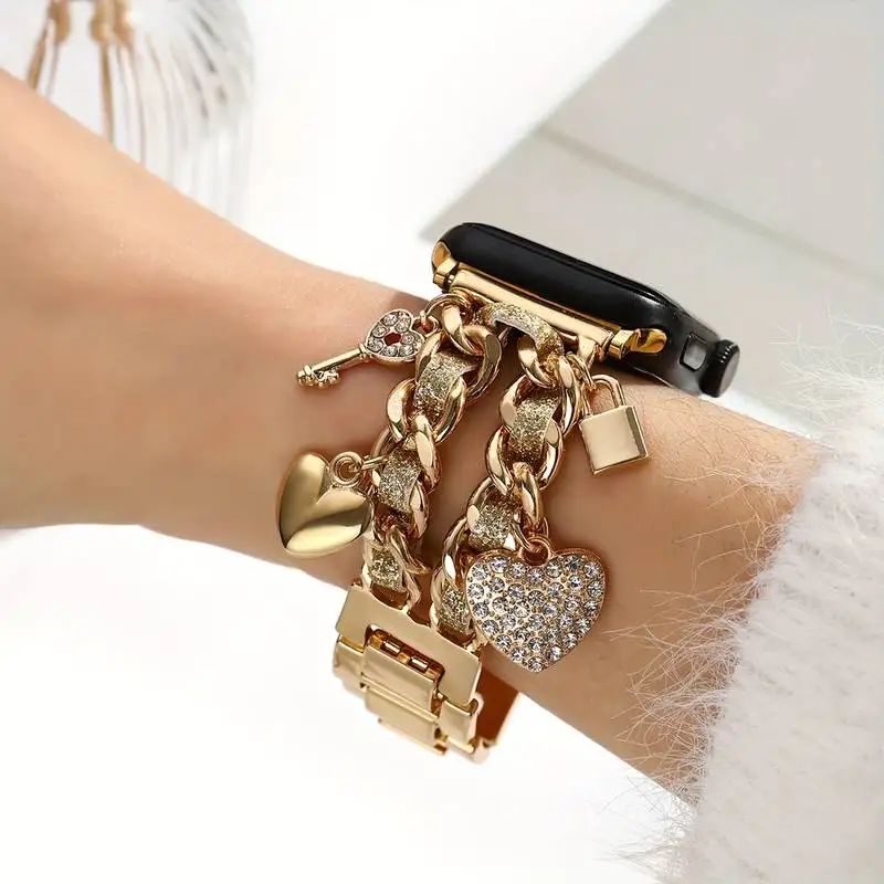 Women Stylish Charm Strap for Apple Watch Band 38mm 40 44 42 46 4145mm Heart Lock Key Chain Bracelet iWatch 10 9 8 7 6 5 4 SE