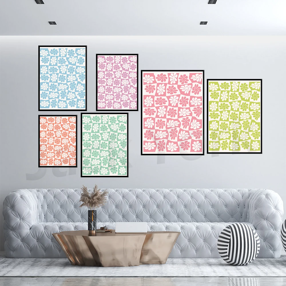 

Blue，Lime Green，Lilac Purple，Turquoise Flower Swirl Print | Poster | Funky Mod Floral Op Art Illustration | 60s 70s 90s 00s