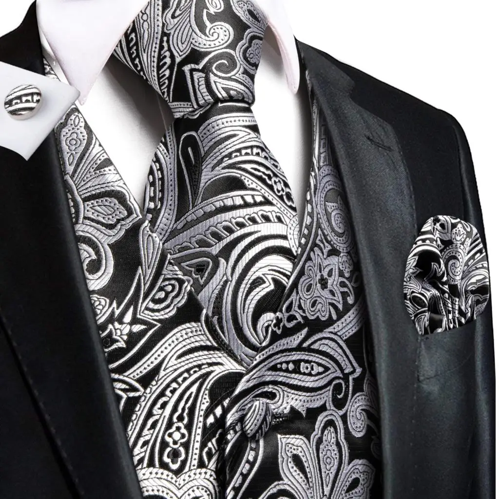 Silver Black Silk Mens Vest Tie Set Jacquard Floral Sleeveless Jacket Suit Waistcoat Necktie Hanky Cufflinks Wedding Business XL