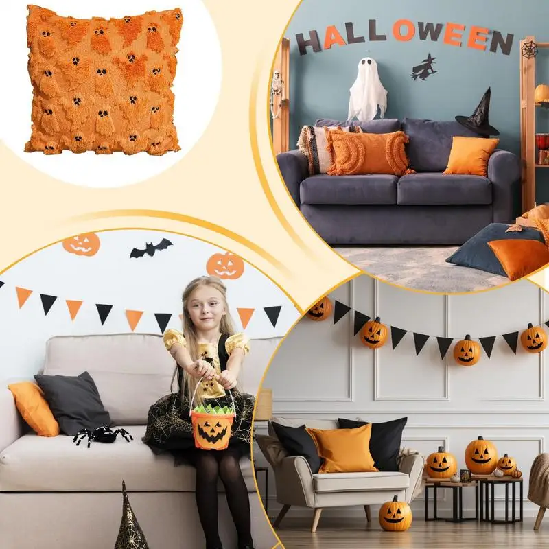

Fall Halloween Throw Pillow Covers Decorative Ghost Pattern Pillowcase Soft Plush Faux Wool Cushions for Home Sofa Couch