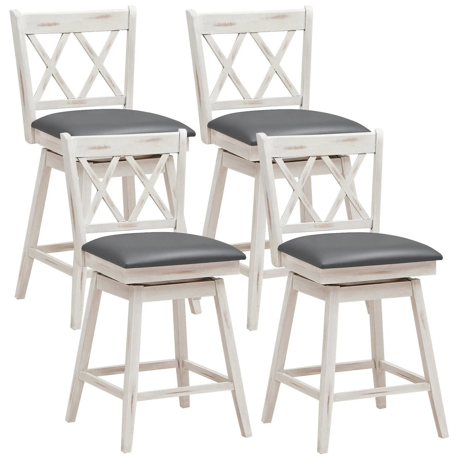 

Set of 4 Barstools Swivel Counter Height Chairs w/Rubber Wood Legs Antique White