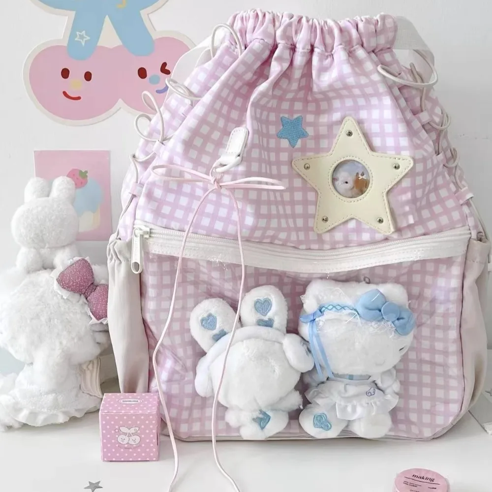 

Клетчатая сумка со звездой Ita на шнуровке с бантом Mochila, рюкзак на шнурке, большая вместительная школьная сумка Mochilas, повседневные легкие сумки для женщин
