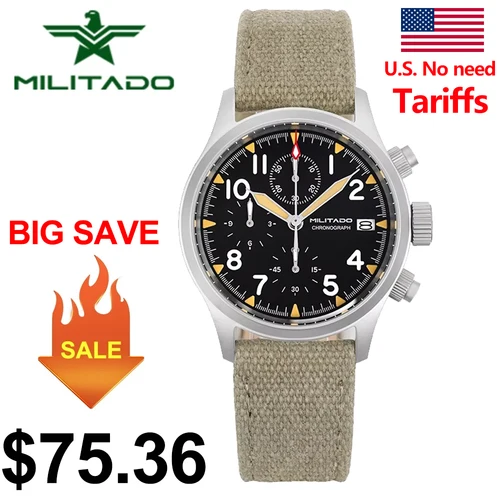 Imagen 1 del producto Militado ML1868KF Retro VK67 reloj cronógrafo de cuarzo caja de acero inoxidable 3 esferas impermeable 100M reloj militar multifunción