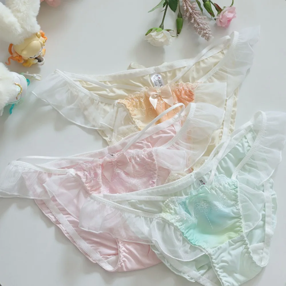 Sweet Flower Mesh Transparent Ruffle Briefs Cotton Crotch Low Waist Women\'s Lace Mesh Bowknot Panties Thin Elastic Girl