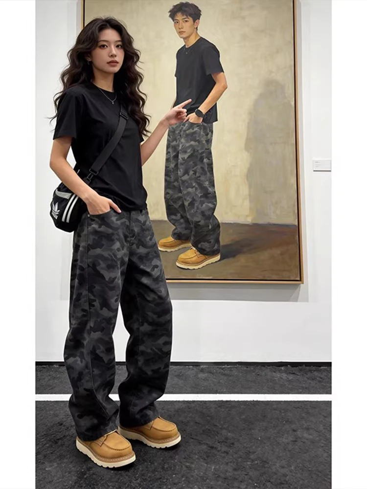 

American Style Camouflage Wide Leg Jeans Men's Spring Cleanfit Loose Straight High Street Cool Micro Flare Pants