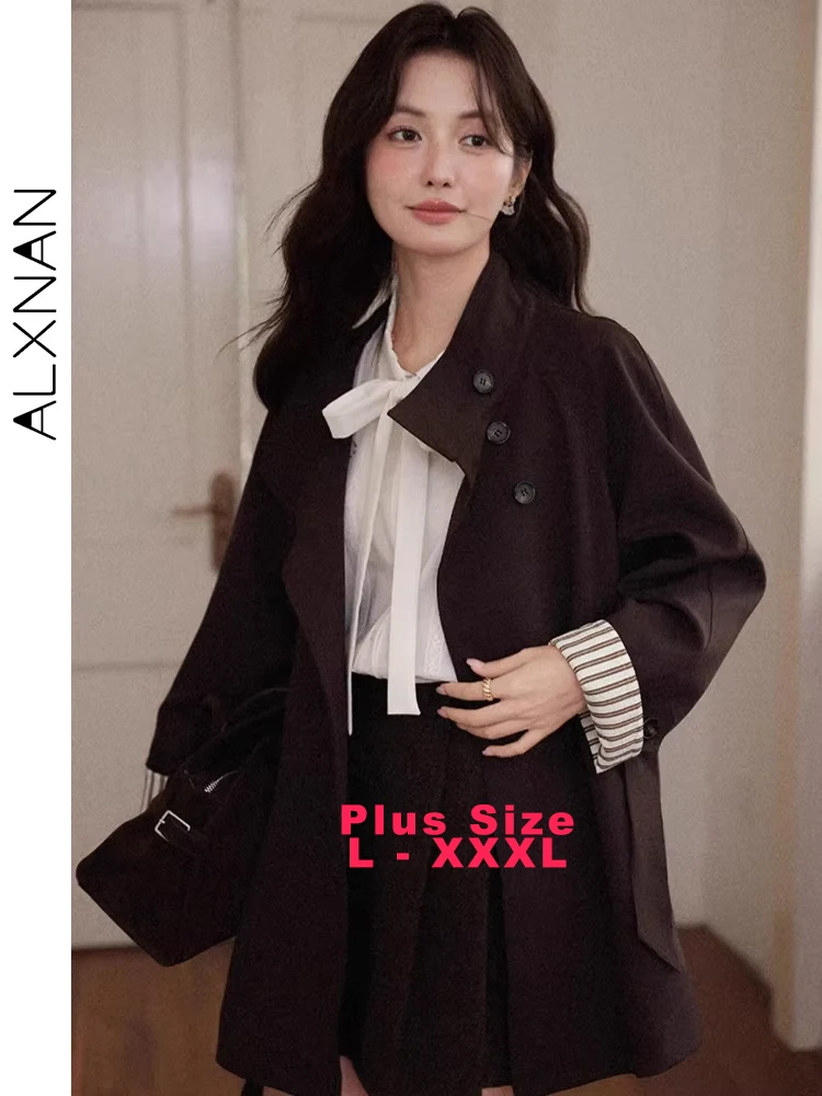 

ALXNAN Plus Size Brown Trench Coats Office Lady Loose-fit Windbreaker Autumn Elegant Casual Long Sleeve Jacket Female D12901