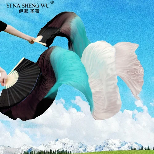 Velos de seda auténtica hechos a mano para adultos y niños, velo de abanico plegable largo para danza del vientre con llama de bambú, arte colorido, morado, verde, 120cm, 180cm