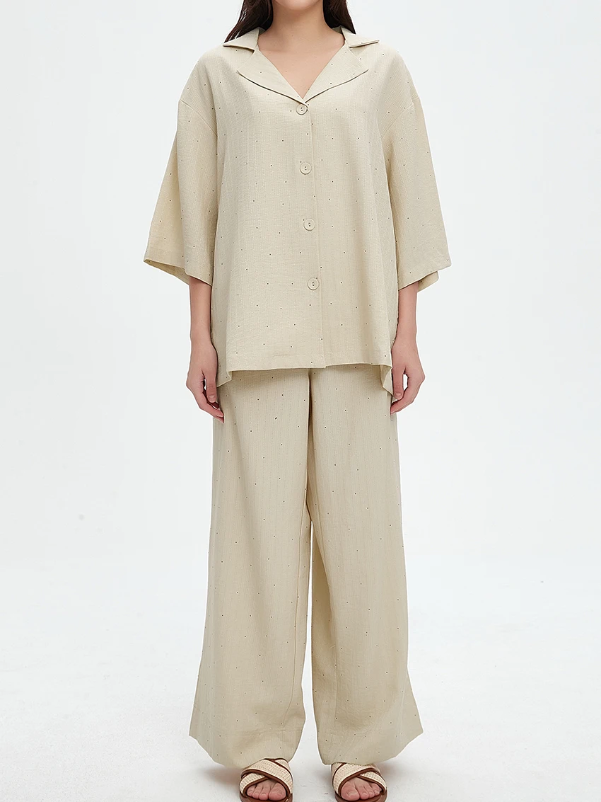 

Parc Fee Casual Loose Khaki Linen Home 2 Piece Set Women 2025 Elegant Long Sleeve Shirt With High Waist Wide Pants Set Female