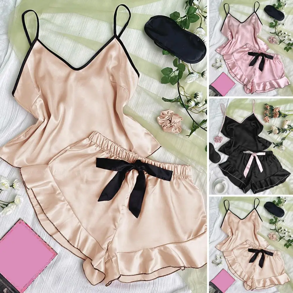 Ruffled Faux Silk Pajama Set Elegant Satin Women's Pajamas Set with Spaghetti Strap Top Backless V Neck Design for Comfort