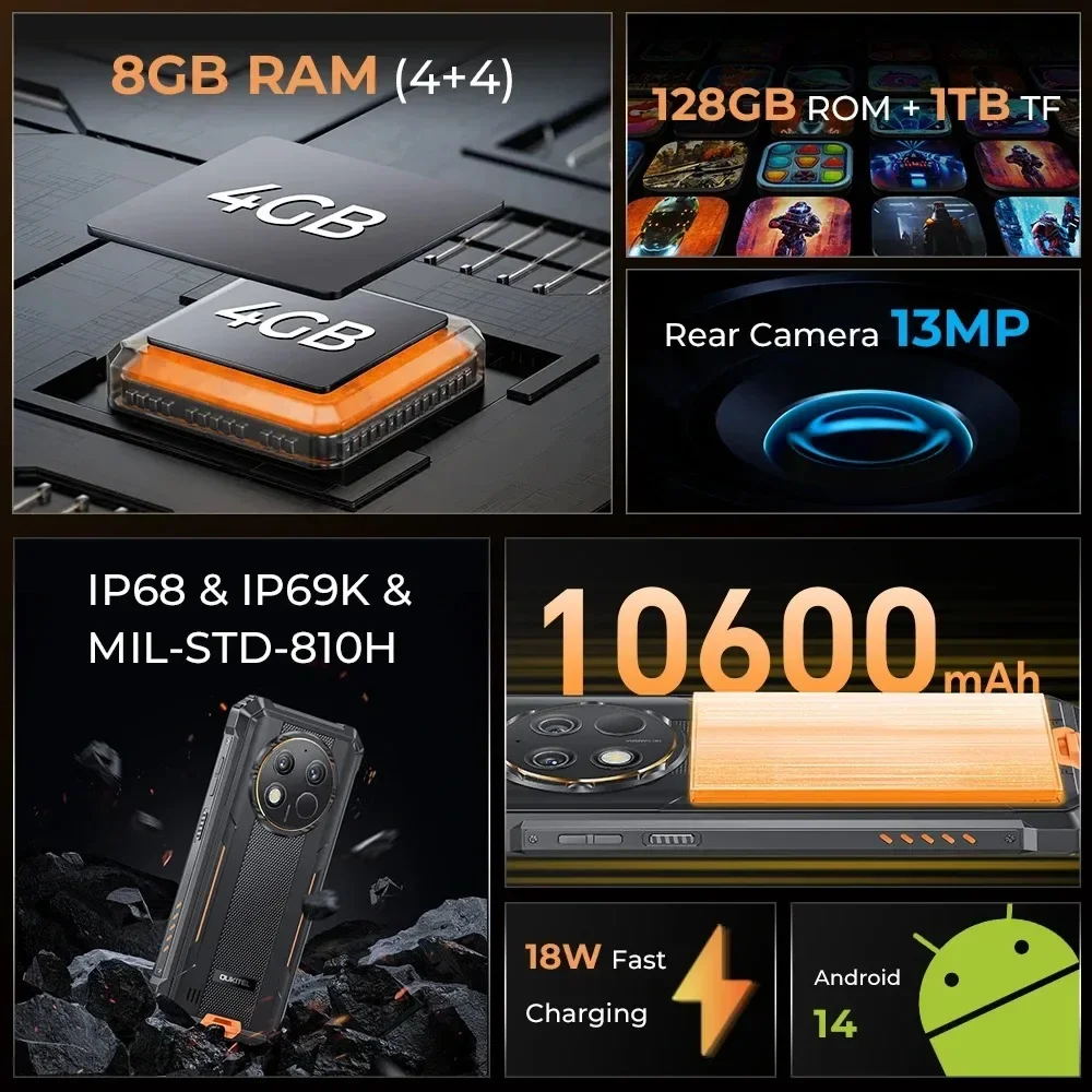 هاتف ذكي متين ، إصدار عالمي ، 4G ، أندرويد 14 ، بوصة ، HD + ، 4GB RAM + GB ROM ، هاتف محمول ، 140mah ، 13MP