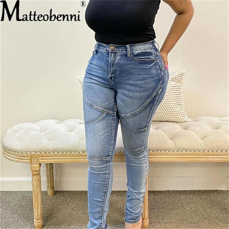 

Women Blue Push Up Pencil Denim Pants Ladies Vintage High Waist Jeans Casual Stretch Skinny Patchwork Slim Femme Jeans Trousers