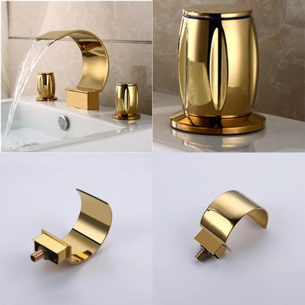 

Gold Widespread Double Handle Bathroom Sink Faucet with Elegant Arc Waterfall Spout and Bathtub Filler, Luxurious Bathroom Fixtu