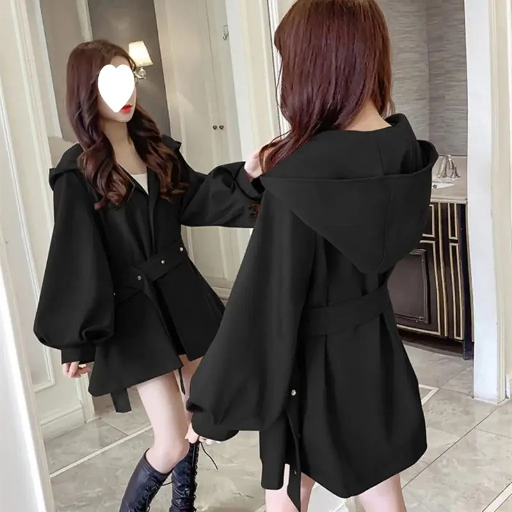 

Women's Short Windbreaker Spring Autumn Korean Style Loose Hooded plus Size Coat for Women