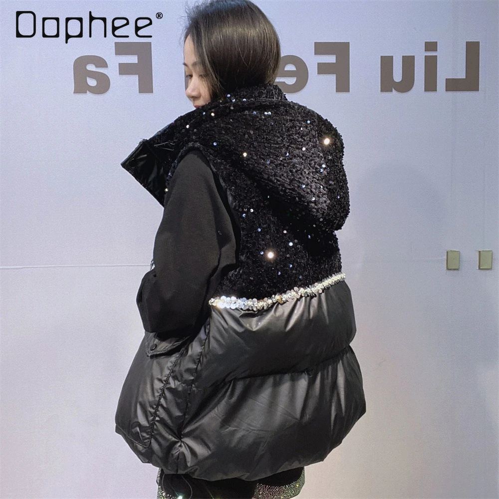 

Black Sequin Vest for Women Autumn Winter Loose Cotton-Padded Zipper Cardigan Fashion Hooded Jacket Waistcoat Women