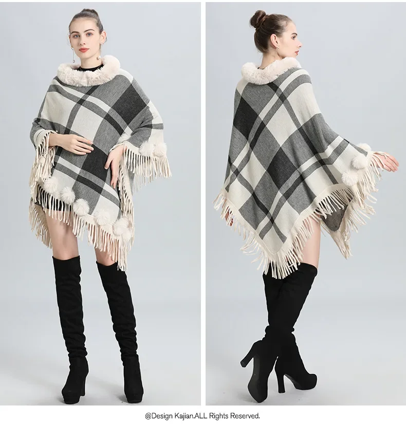 Women Winter  Loose Striped Plaid Poncho Capes Tassel Cloak Faux Fur Ball Knitted Long Triangle Streetwear Pullover Pompon Coat