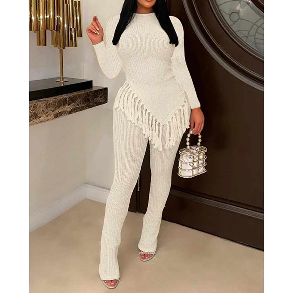 

Korean Style Women Asymetrical Hem Tassel Design O-neck Long Sleeve Top & Pants Set Two Piece Suit Sets Autumn Outfits Y2k