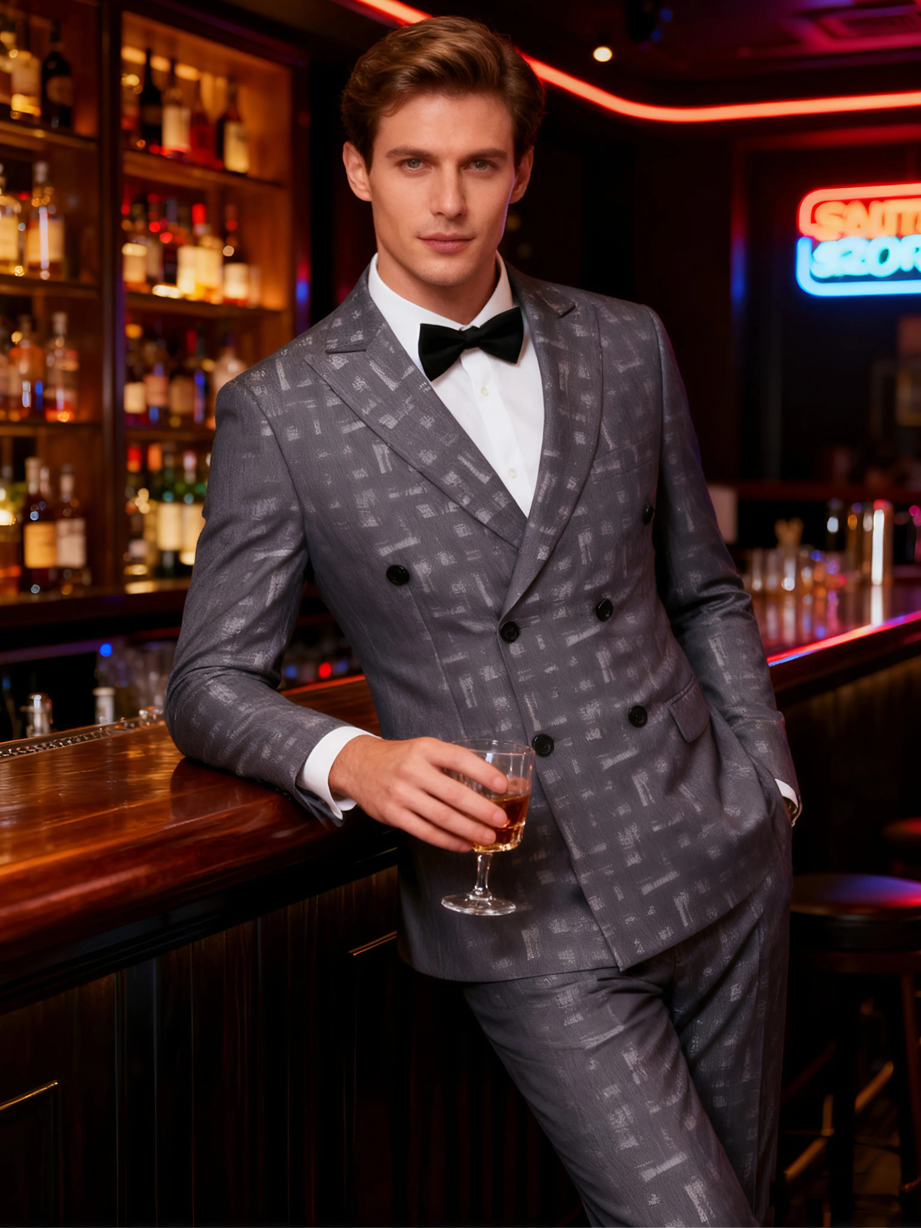 Conjunto de dos piezas de jacquard con top y pantalones para hombre, traje ajustado con doble botonadura, chaqueta, pantalones largos, informal, para boda, negocios