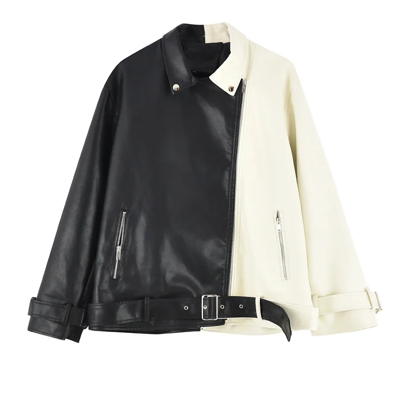 Printemps décontracté Patchwork couleur contrastée veste en simili cuir avec ceinture revers ample à manches longues en cuir PU veste de motard Streetwear