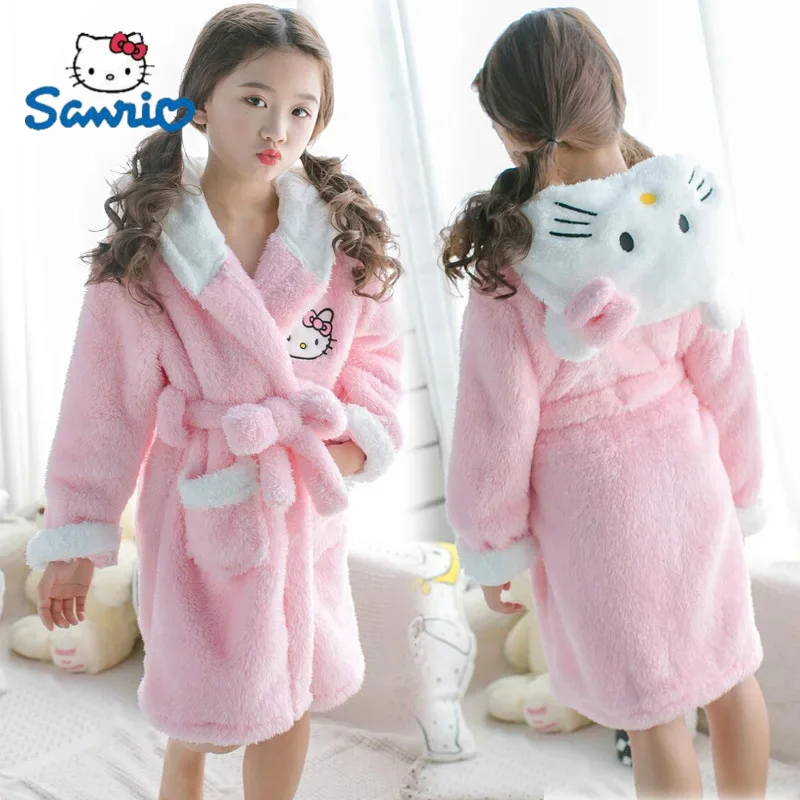 Sanrios Kawaii Hello Kitty Pajamas Coral Velvet Children Girls Heart Cartoon Anime Sleeping Robe Hooded Loungewear Toys Gifts