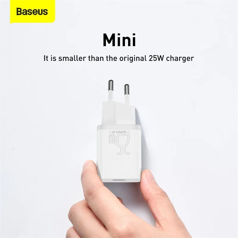 Baseus Super Si Quick Charger 1C 25W EU Sets Black（With Mini White Cable Type-C to Type-C 3A 1m Black）