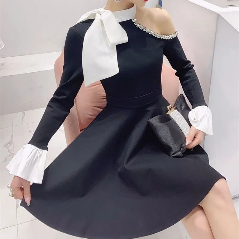 Hikigawa Autumn Elegant Lady Contrast Color Women Party Dress Sexy Off Shoulder Dresses Chic Fashion Slim Vestido De Mujer