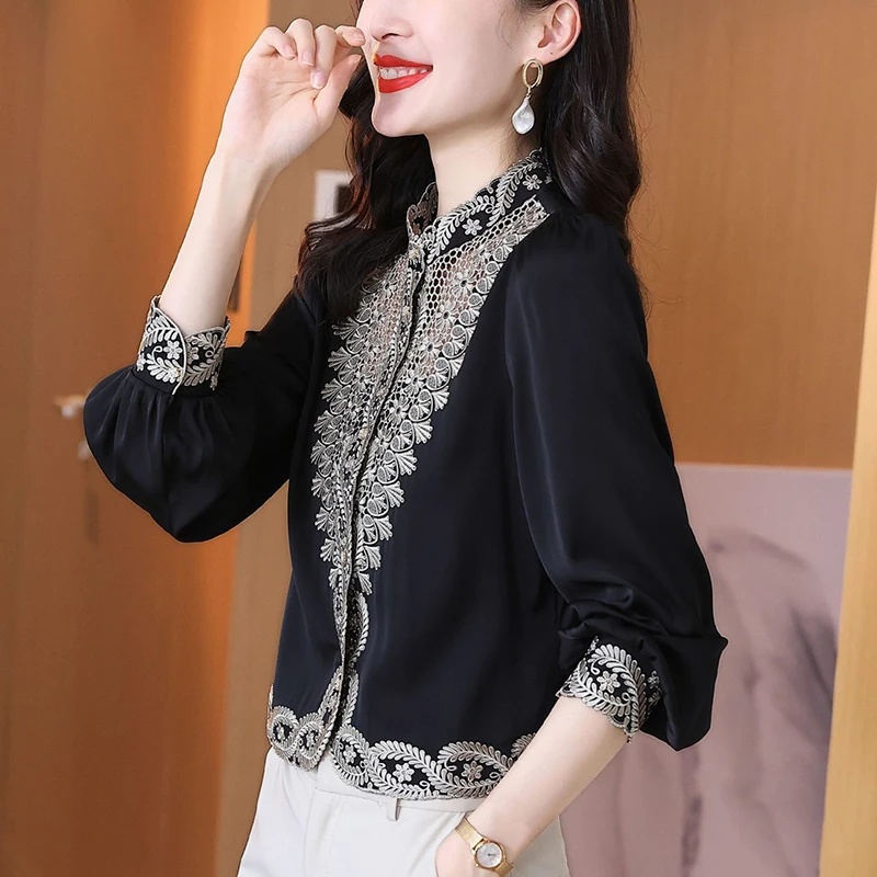 Vintage Stand Collar Hollow Out Embroidery Blouses Women's Clothing 2024 Autumn New Loose All-match Tops Office Lady Shirts