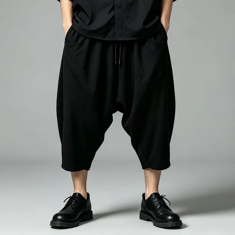 Men'S Casual Pants, Autumn Collection, Dark Color, Unisex Style, Loose Fit, Cropped Length, Ankle-Length, Drawstring Waist, High