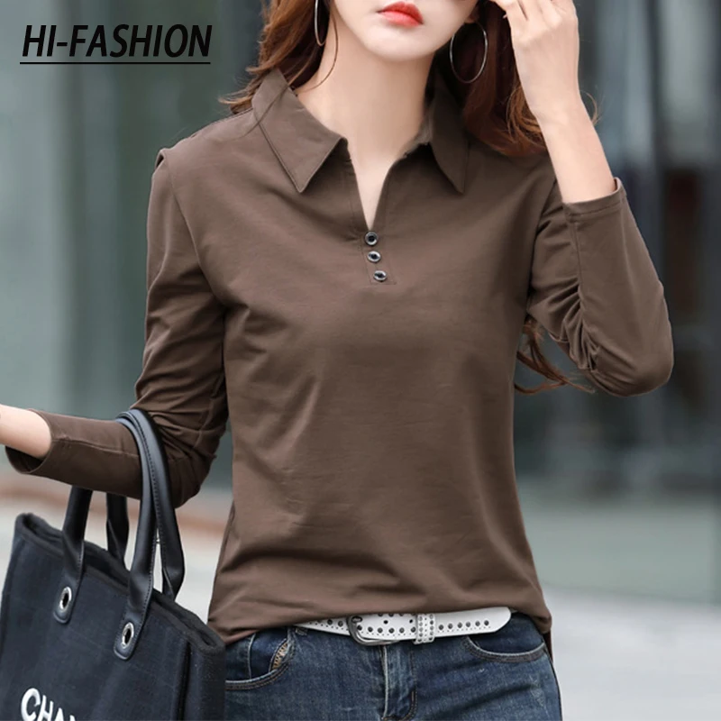 HI-FASHION Cotton T Shirt Office Woman Spring Casual Long Sleeve Lapel T-shirt Autumn Loose Korean Style Plus Size Female Shirts