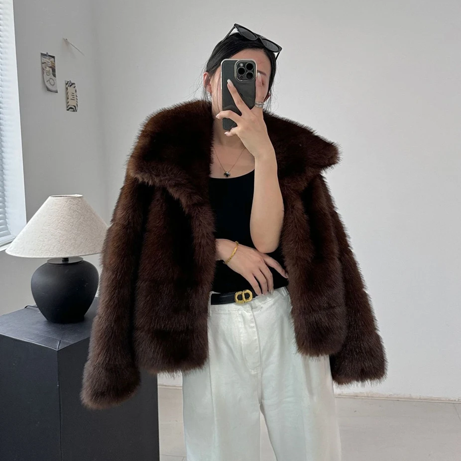 2024 Winter Female Loose Streetwear Outwears Brown Women Faux Sable Fur Jacket Oversized Lapel Long Sleeve Warm Fluffy Coats