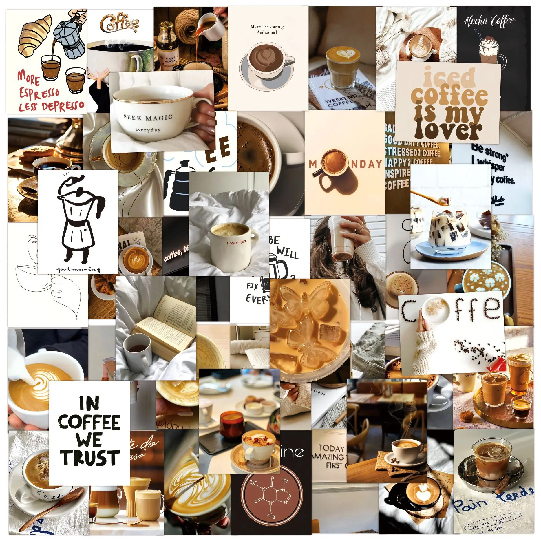50 Stück Ins-Style Retro Kaffee Graffiti Aufkleber Ästhetische Dekoration Sticker für Laptop Handy Wasserdichte Retro-Aufkleber